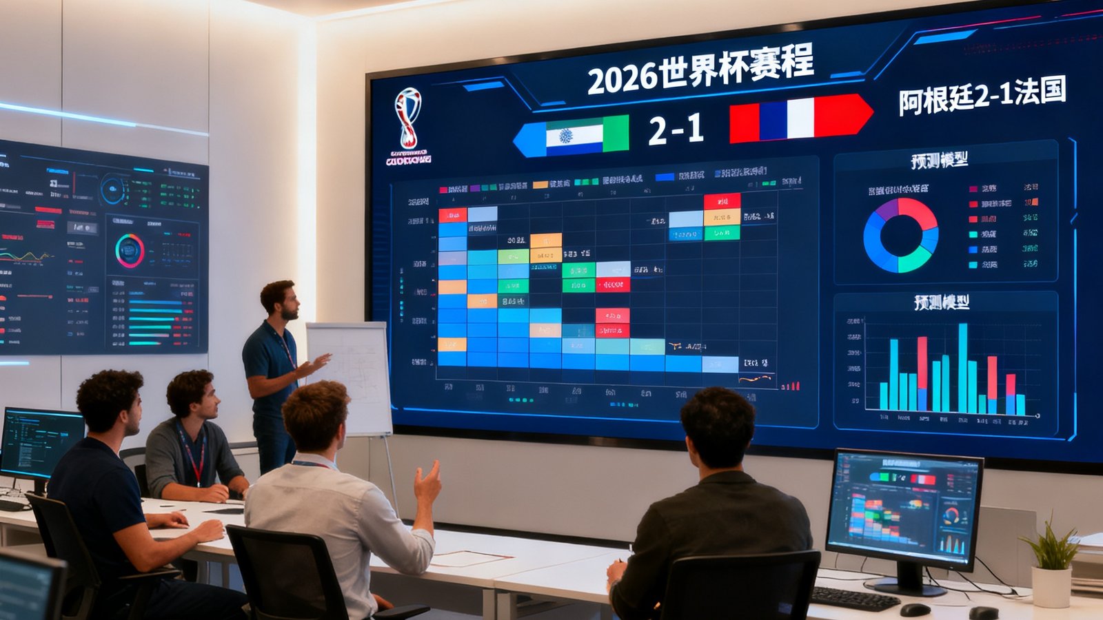 2026世界杯赛程团队在数据工作室中，实时大屏显示比分和预测模型，团队讨论